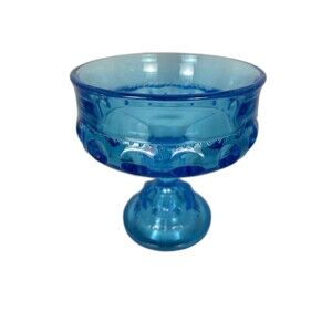 Indiana Carnival Glass Kings Crown Thumbprint Blue Iridescent Compote 5" VTG